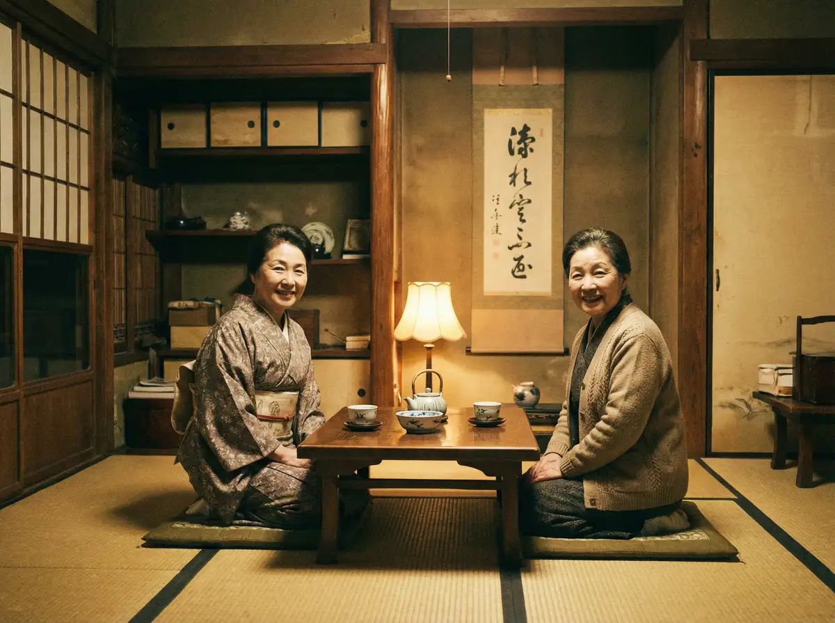 两位优雅的 七星体育app 在日式茶室中品茶交谈